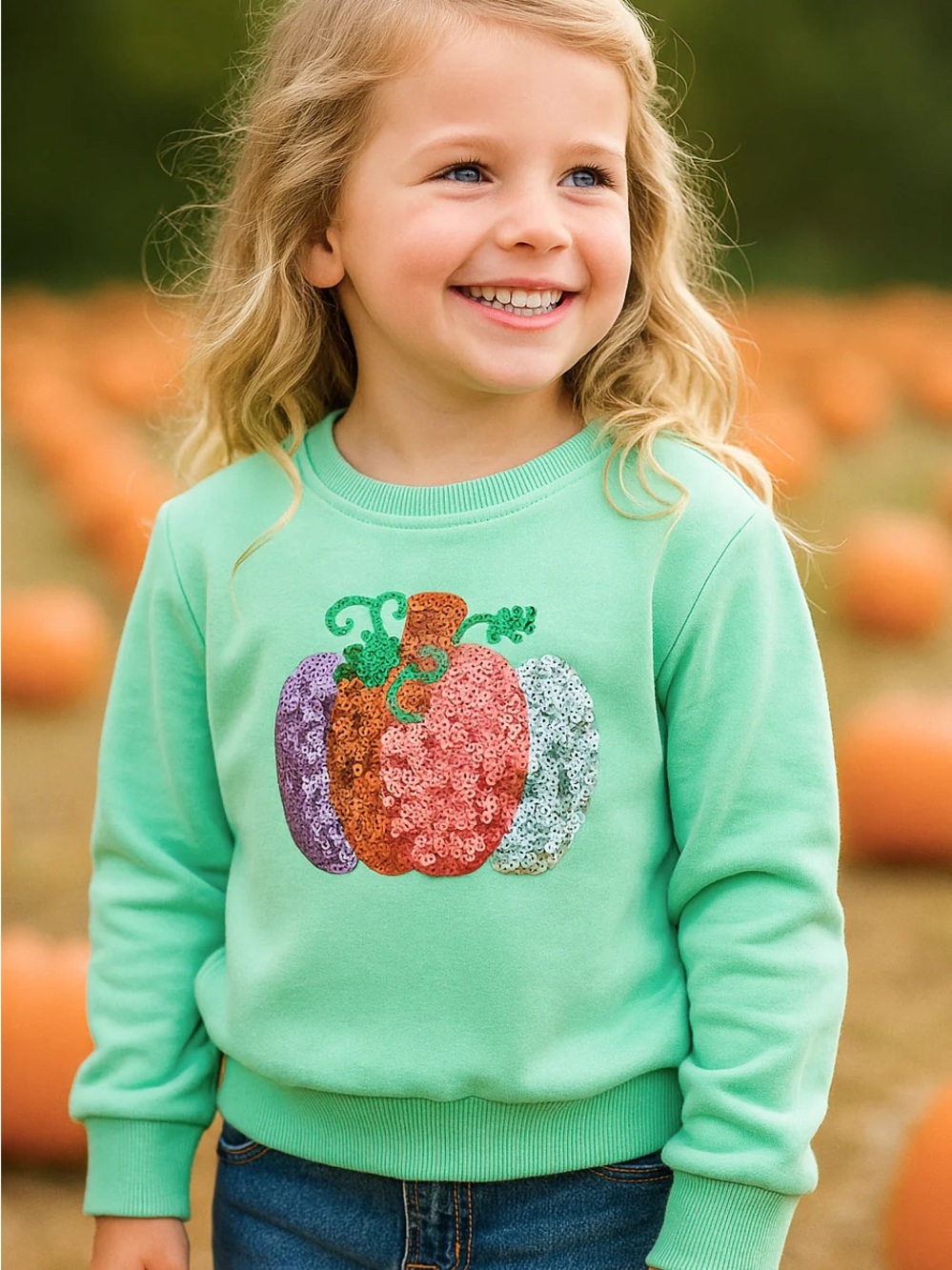 Girls Mint Green Sequin Pumpkin Sweatshirt - Kids